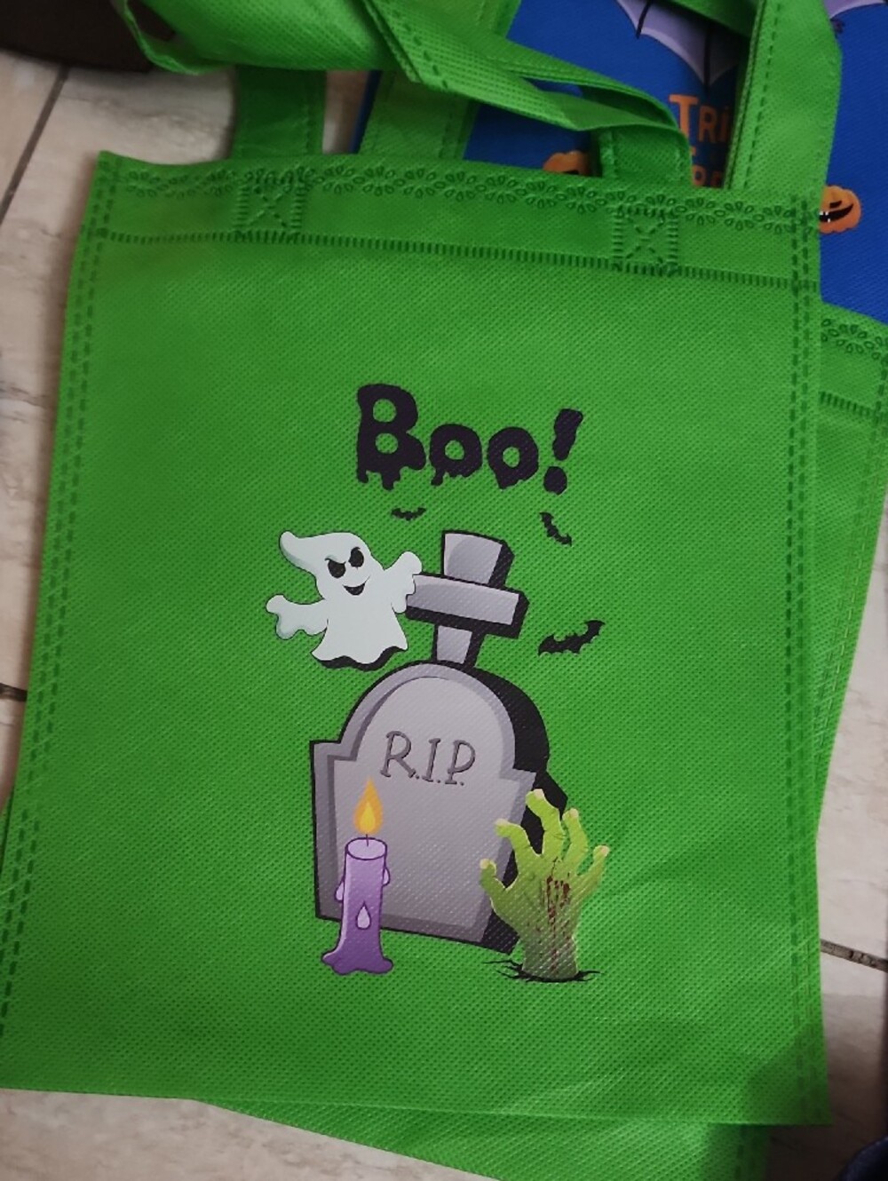 Halloween Kids Treat Bag Tote - Green Boo Ghost Design - Picture 5 of 9